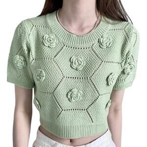 NWOT Sage Green Chopped Boho Short Sleeve Flower Sweater Size Small